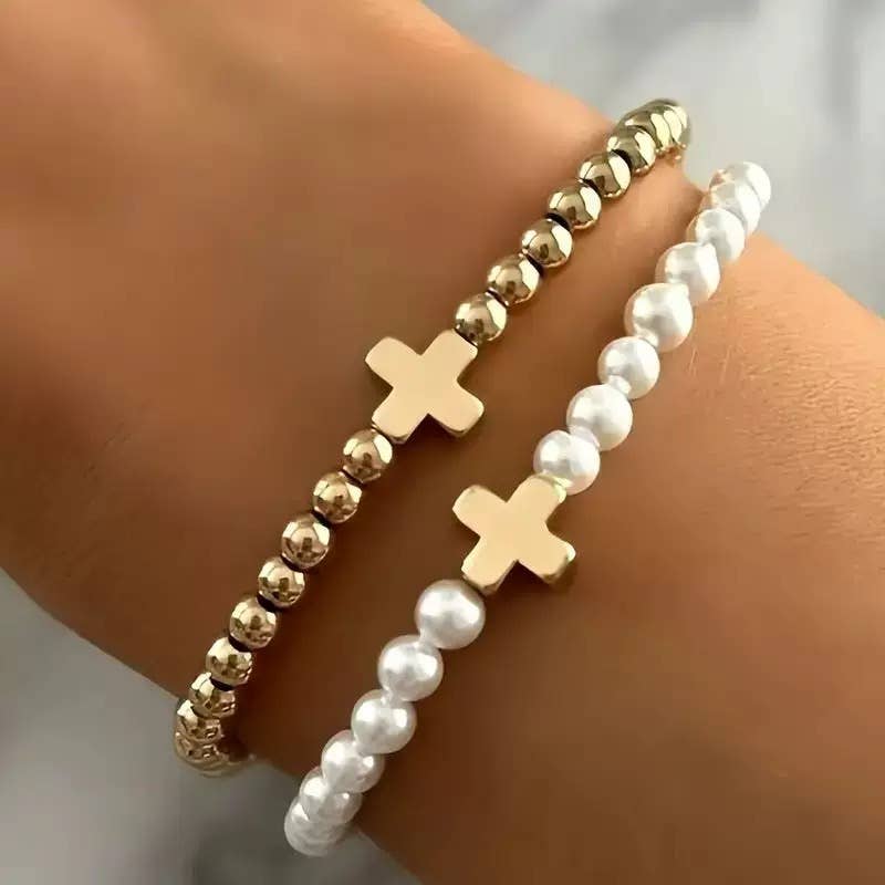 Cross Beaded Stretch Bracelet Set
