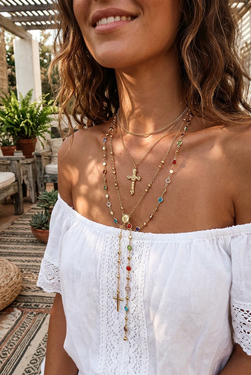 Boho Y Multi-Stone Cross Lariat Layer Necklace