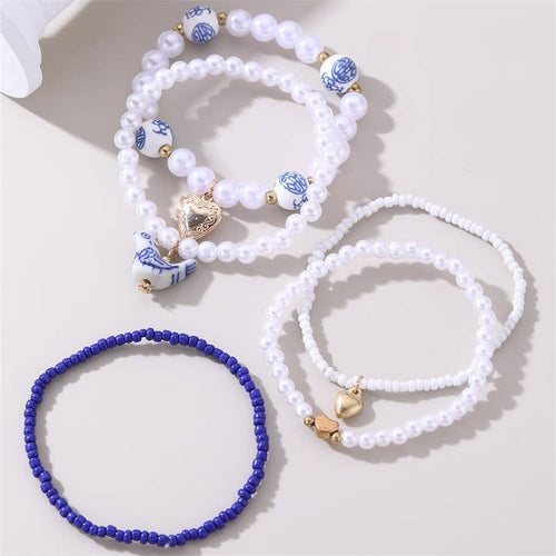 Blue & White Porcelain Bird Bracelet Set