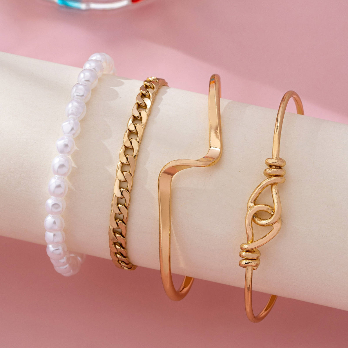 Gold Pearl Heart Charm Multi Bracelet Set