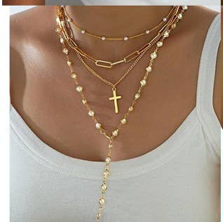 Layered Gold & Pearl Cross Statement Necklace