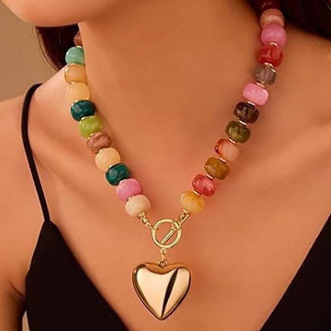 Multi-Beaded Heart Charm Toggle Necklace