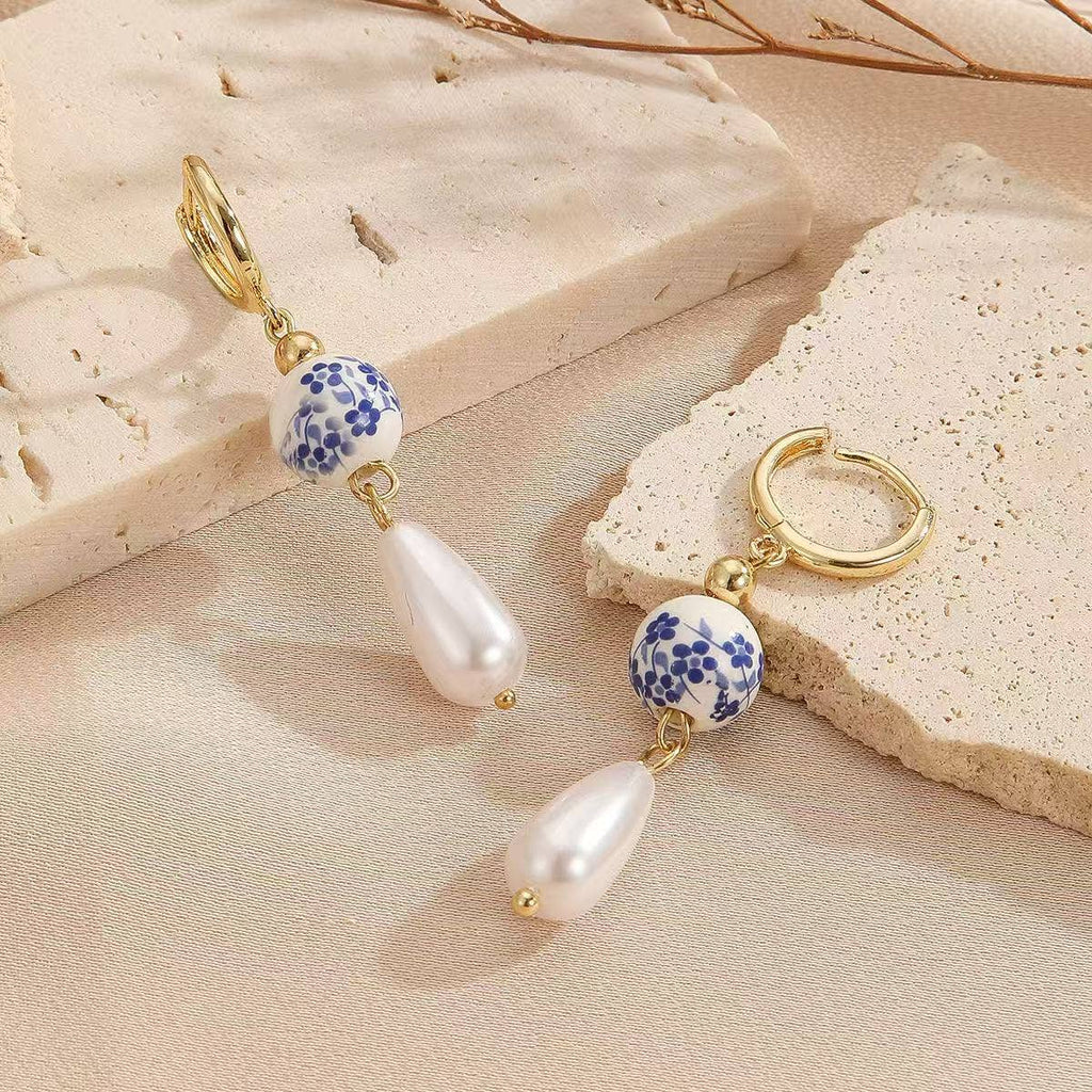 Drop and Dangle Pearl and Chinoiserie Style Earrings
