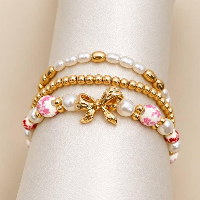 Pink Floral Porcelain & Bow Bracelet Set