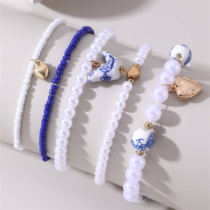 Blue & White Porcelain Bird Bracelet Set