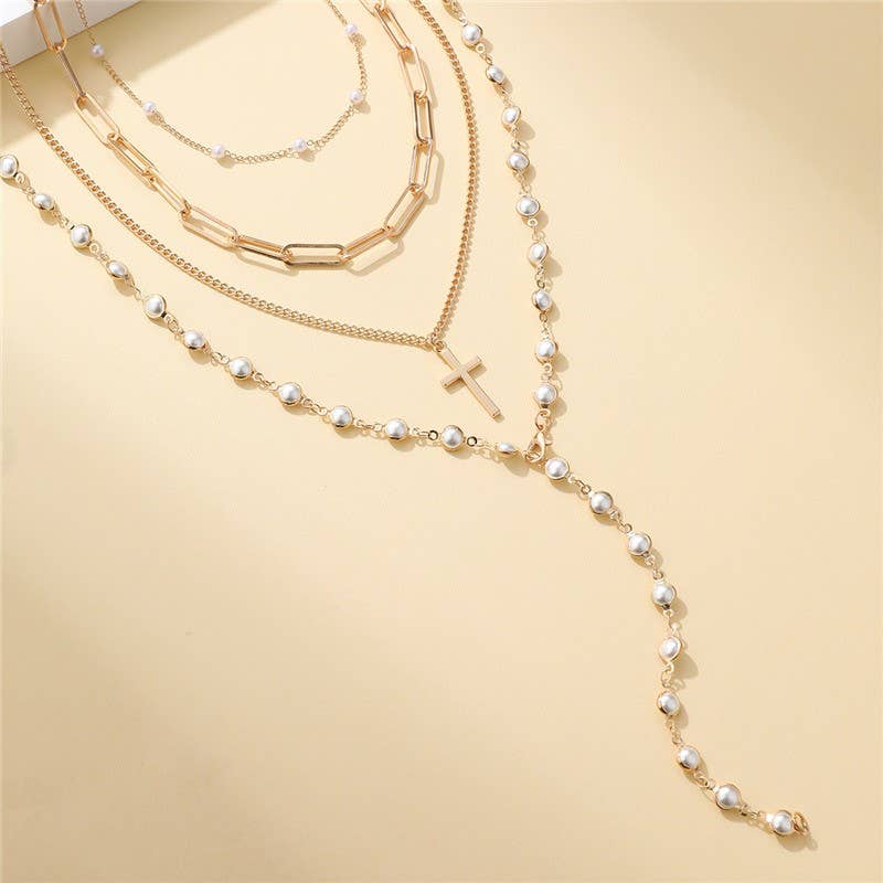 Layered Gold & Pearl Cross Statement Necklace