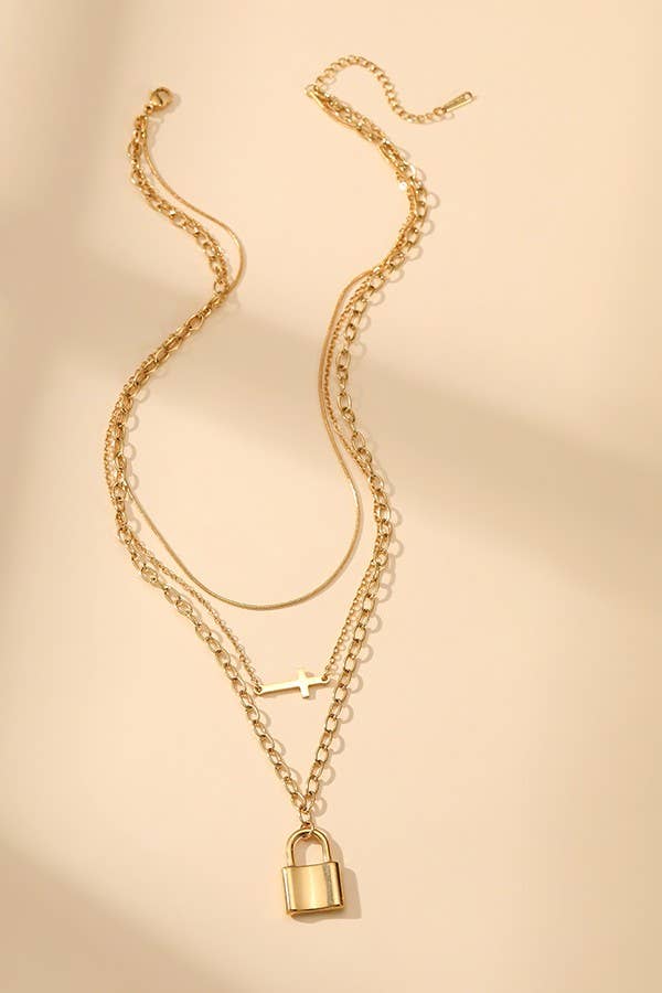 18K Stainless Steel Layered Cross & Lock Charm Necklace
