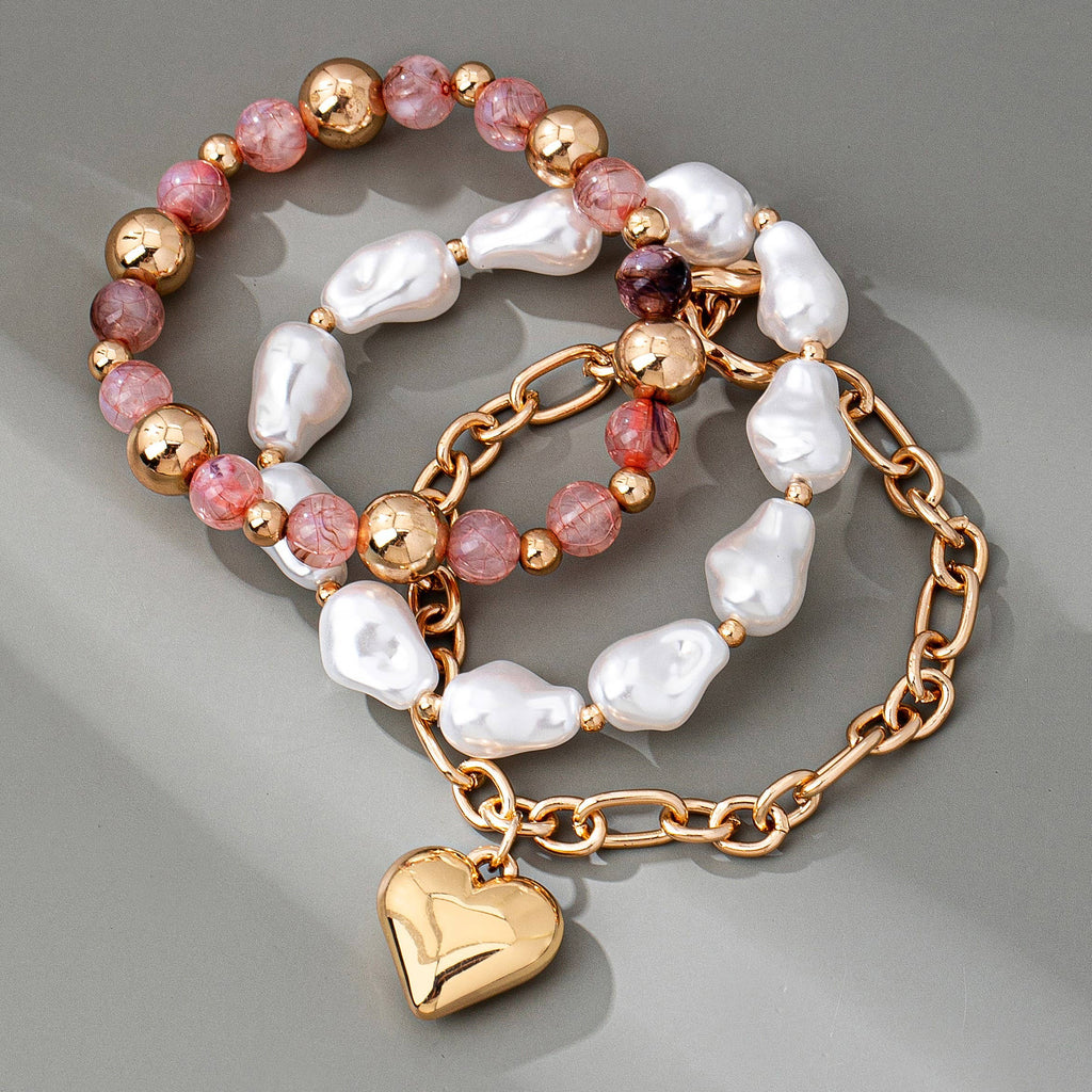 Blush & Pearl Gold Heart Bracelet Set