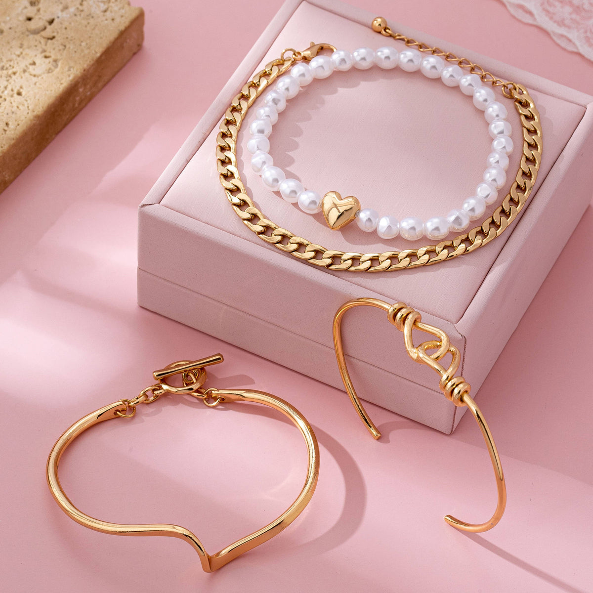 Gold Pearl Heart Charm Multi Bracelet Set