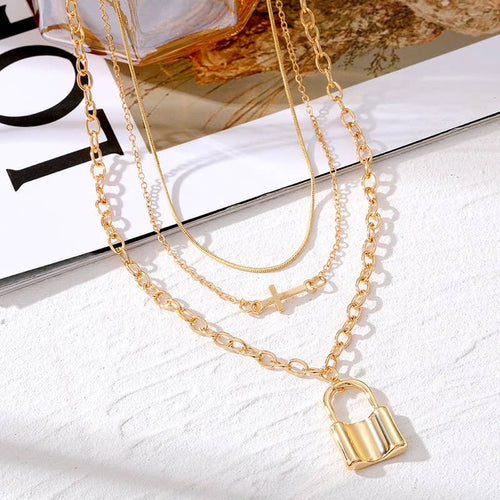 18K Stainless Steel Layered Cross & Lock Charm Necklace