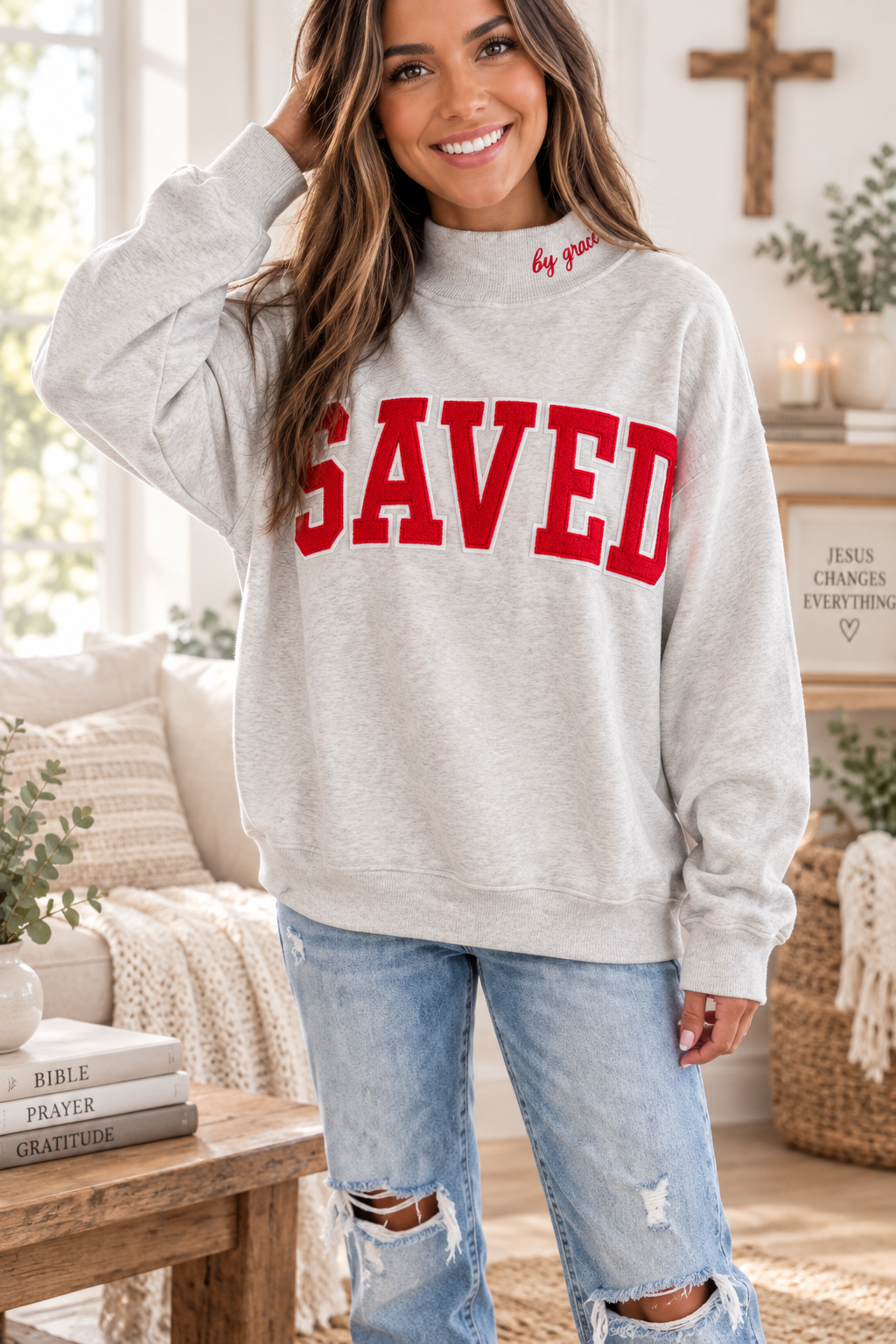 Saved By Grace Mock Neck Sweatshirt - Gray lifestyle image