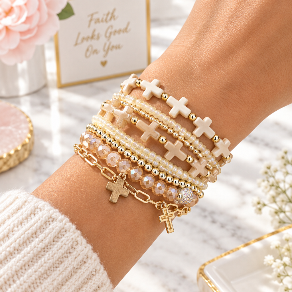 Rose Gold Cross Stackable Bracelets lifestyle image