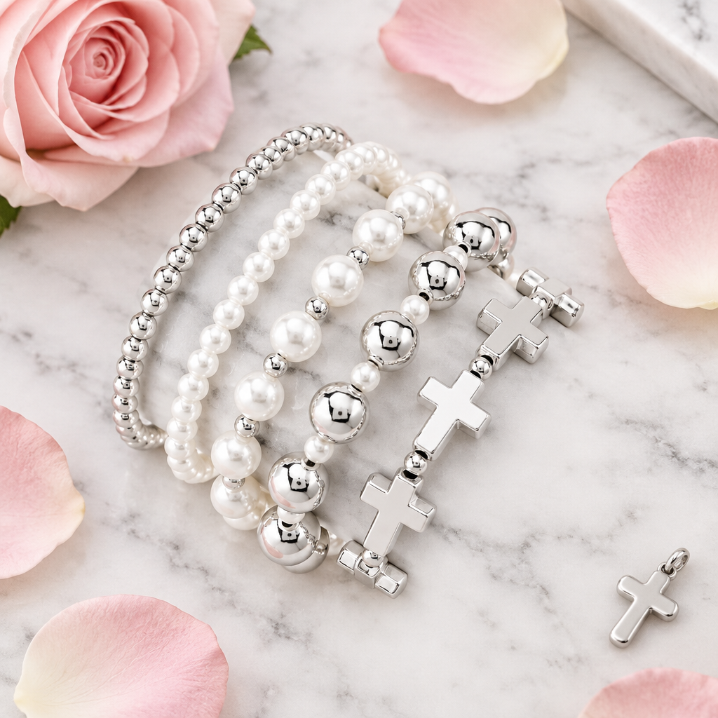 Cross Beaded Bracelet Stack with Cross lifestyle image