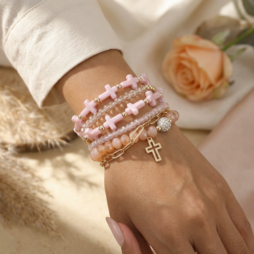Pink Cross Charm Mixed Beaded Bracelet Set lifestyle wrist photo