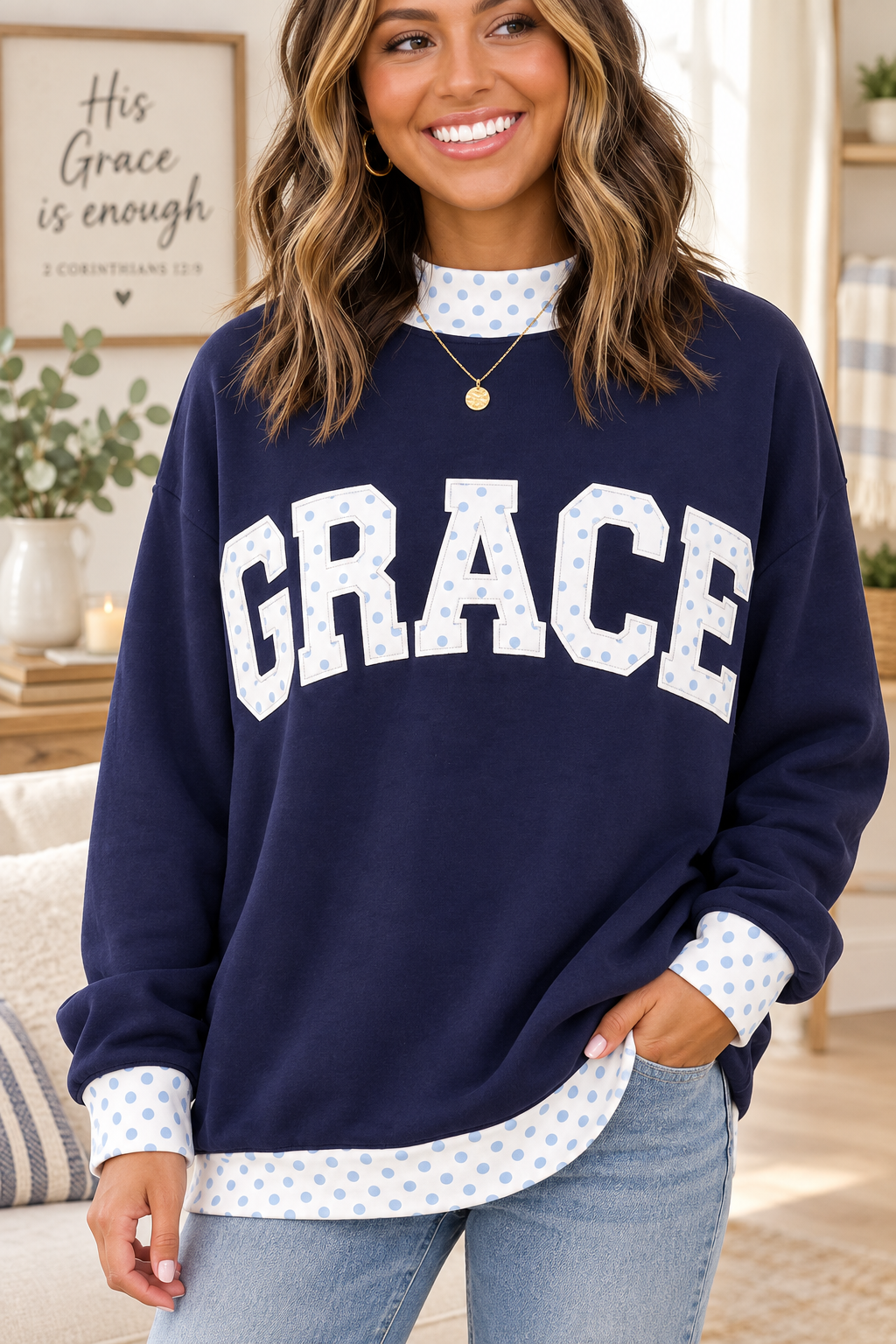 Grace Polka Dot Mock Neck Sweatshirt lifestyle image