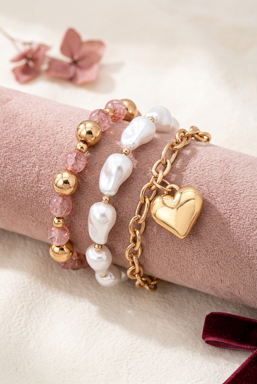 Blush & Pearl Gold Heart Bracelet Set