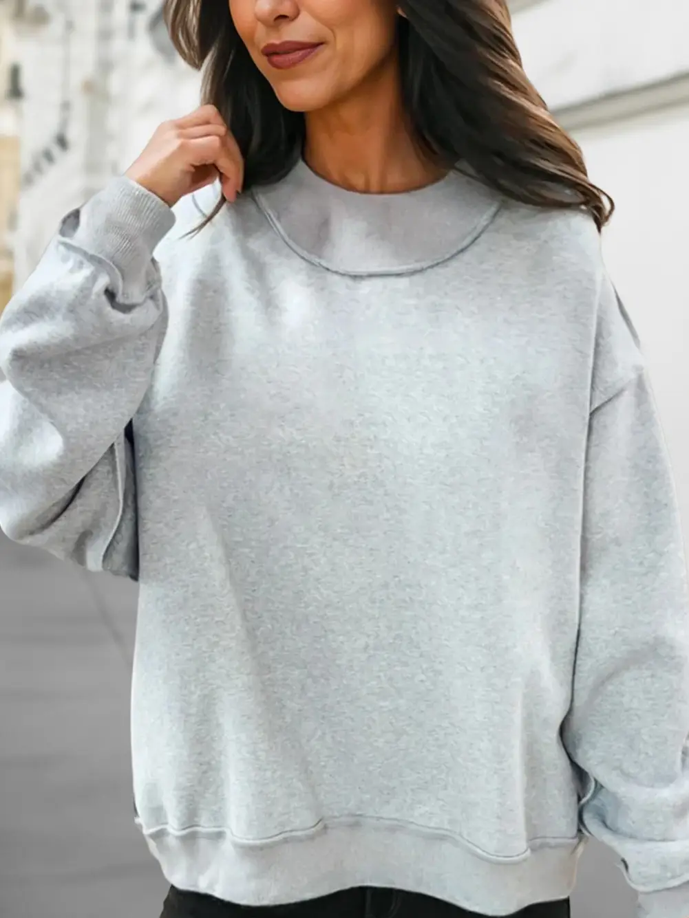 Drop Shoulder Reversible Mock Neck Sweatshirt in gray