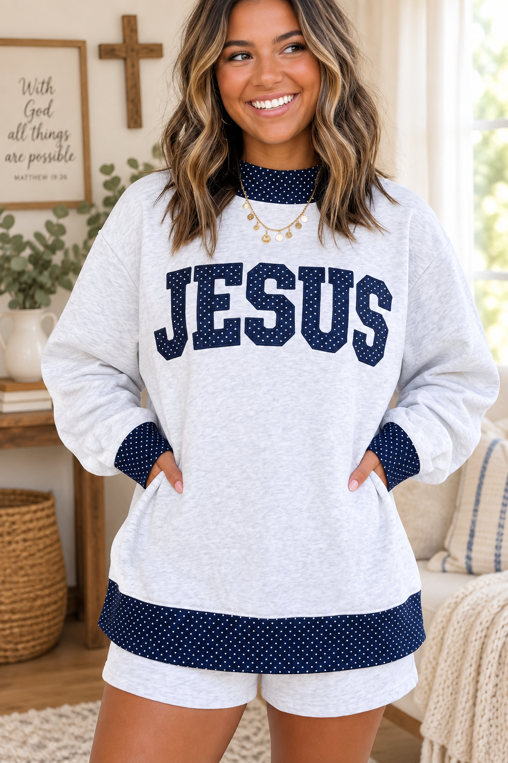Jesus Polka Dot Trim Mock Neck Sweatshirt lifestyle image