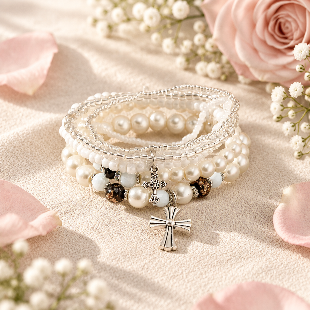 Cross & Pearl Bracelet Stack lifestyle photo