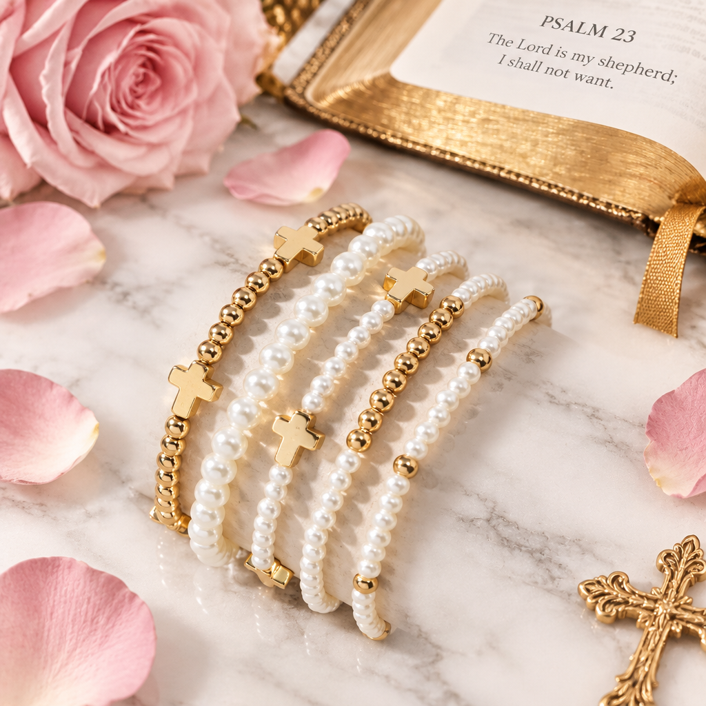 Gold & Pearl Cross Stackable Bracelets lifestyle image