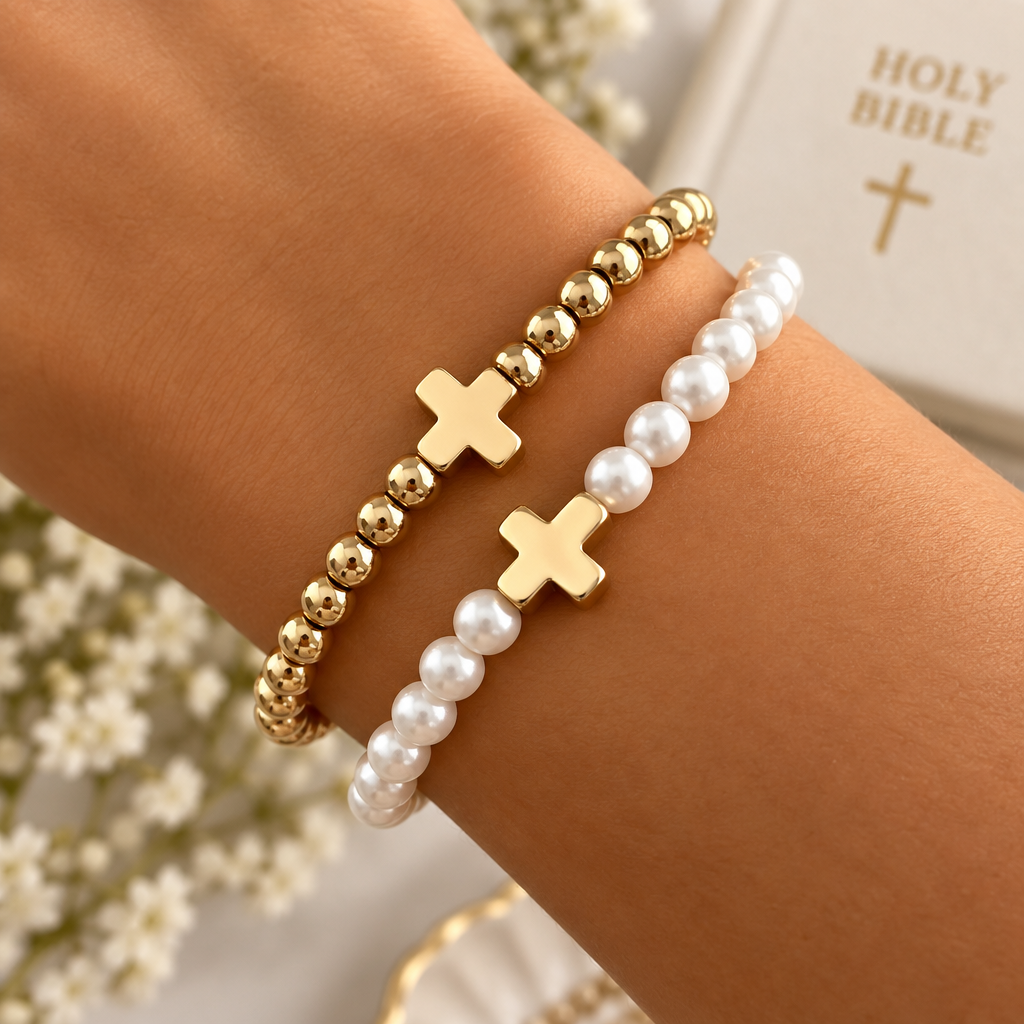 Cross Beaded Stretch Bracelet Set lifestyle image - worn