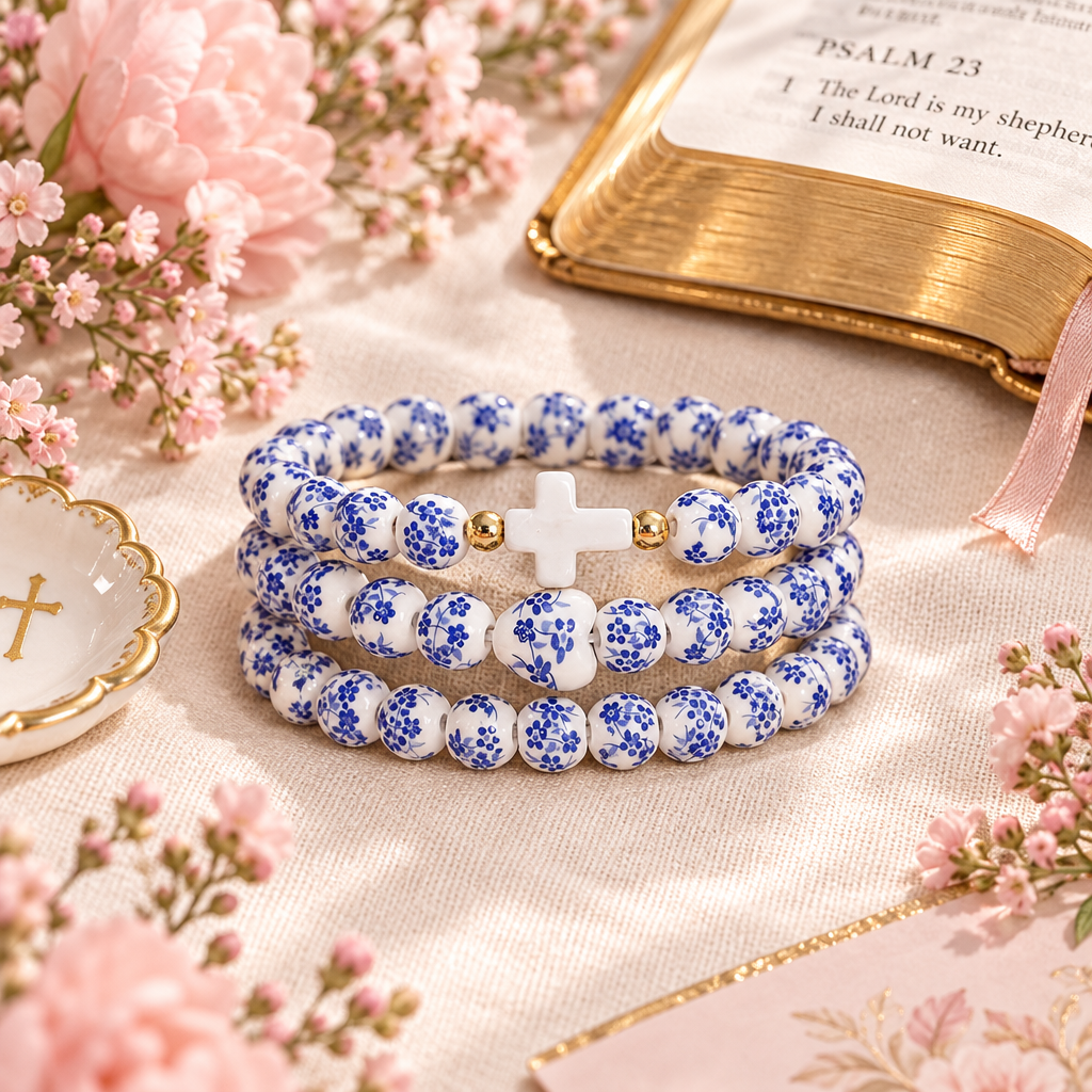 Chinoiserie Cross Bracelet Stack lifestyle image
