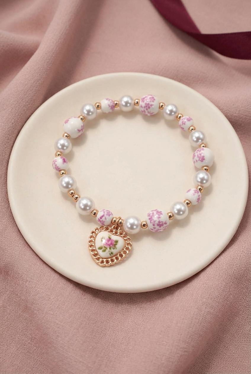 Pink floral heart bracelet on an ivory dish with blush fabric