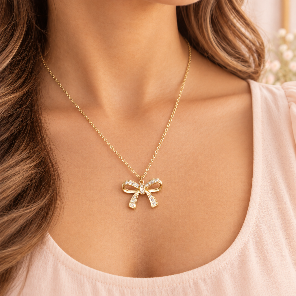 Rhinestone Gold Bow Necklace