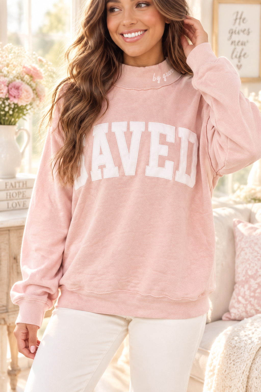 Saved by Grace Pink Sweatshirt Lifestyle